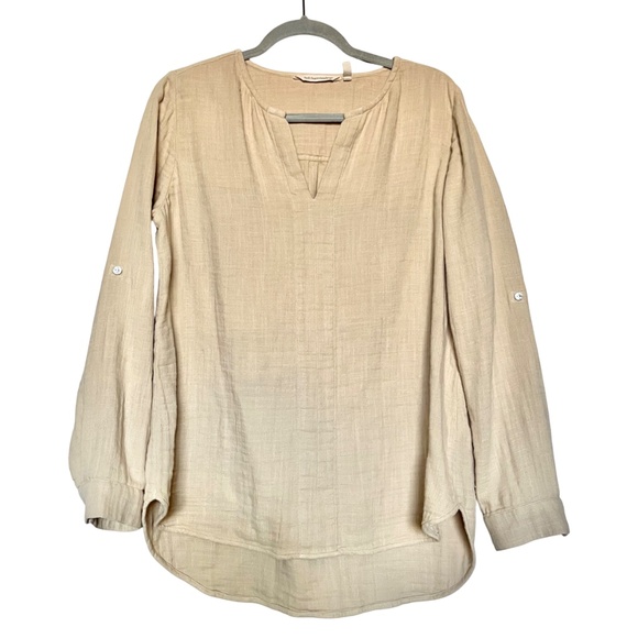 Soft Surroundings Gauze Cotton Vneck Tunic Top Roll-tab Sleeves Beige Tan Size M - Picture 1 of 6